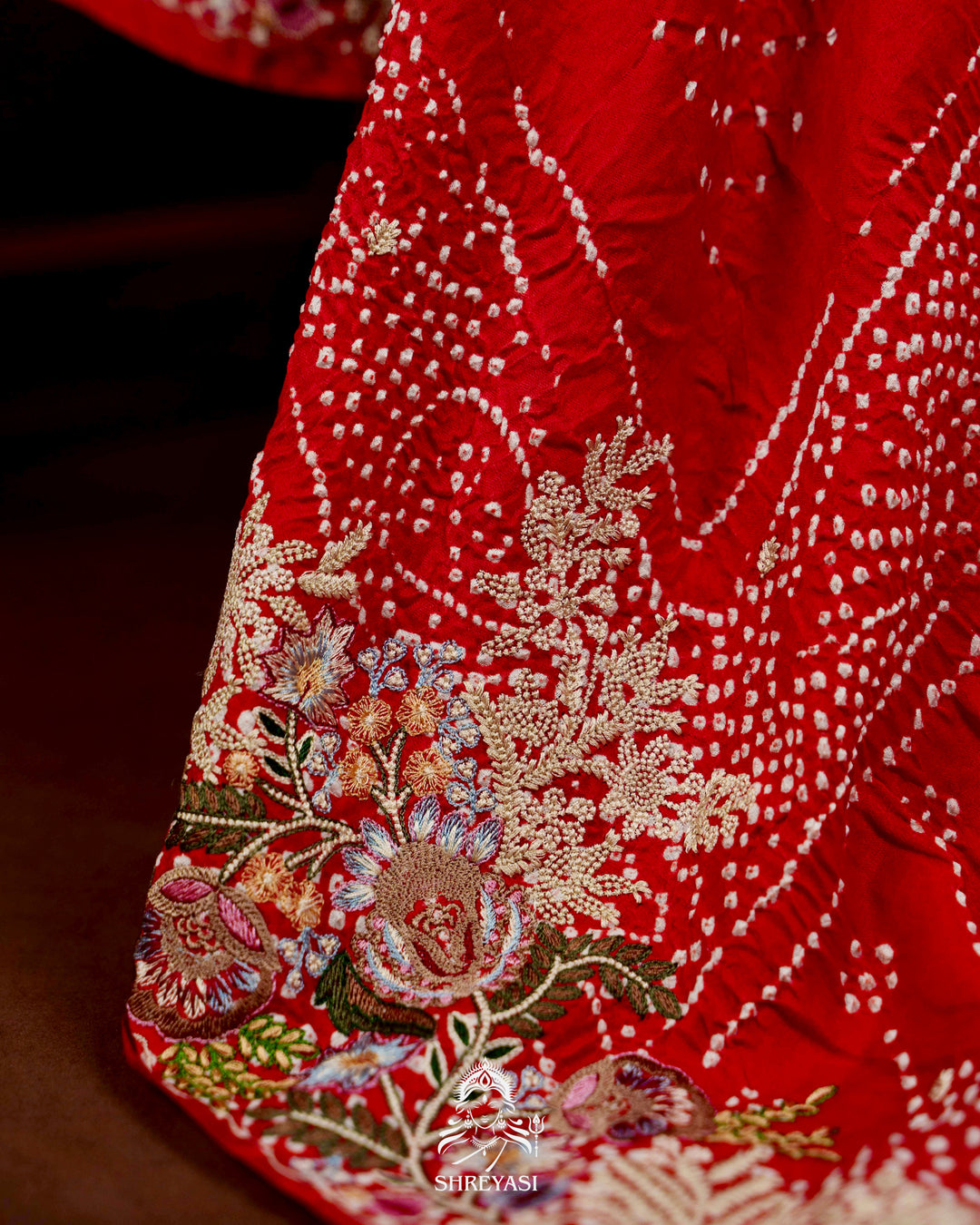 Handloom Pure Gaji Silk Bandhej Saree with Floral Embroidery in Scarlet Red