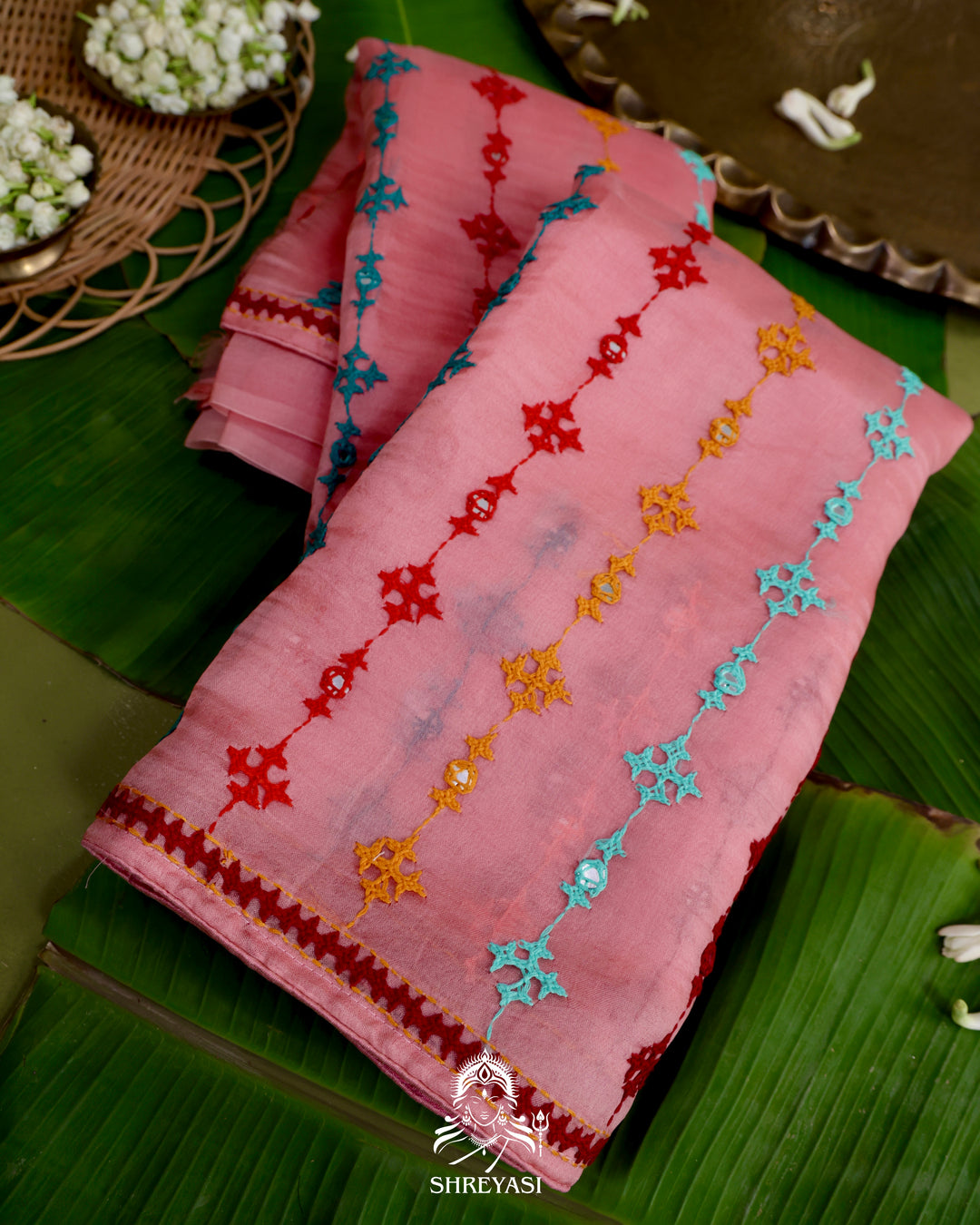 Pure Organza Silk Saree with Hand Embroidered Kutchi Shisha Mirror Work