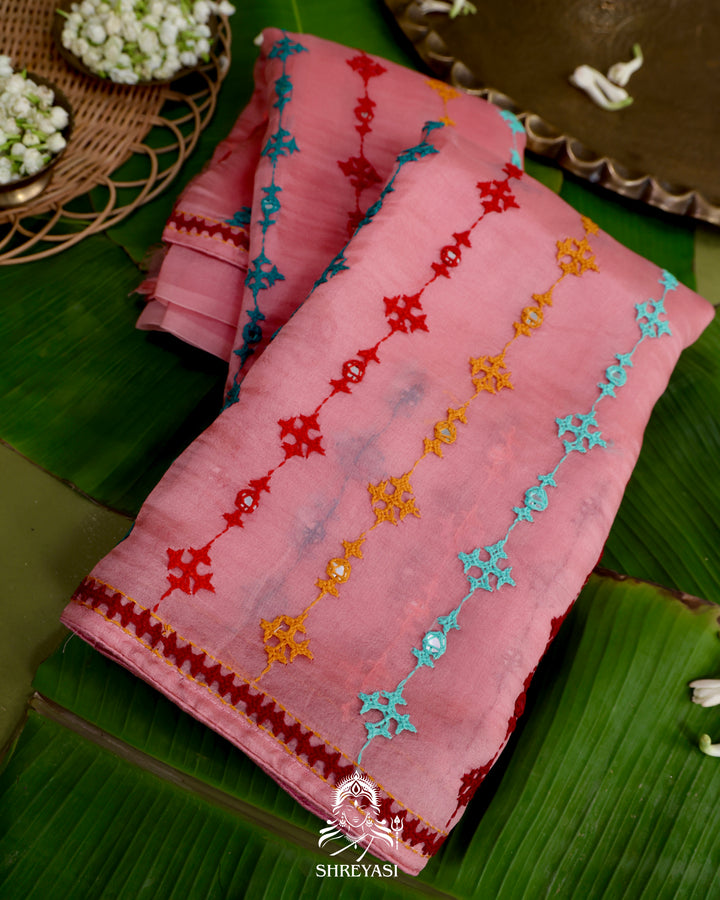 Pure Organza Silk Saree with Hand Embroidered Kutchi Shisha Mirror Work