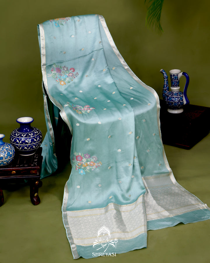 Handloom Pure Mashru Silk Saree with Sona Rupa Meenakari Bhutis and Nakshi Pallu