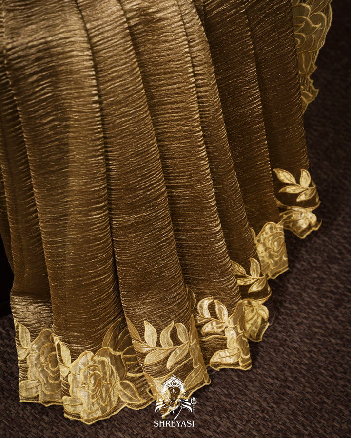 Handloom Pure Banarasi Crushed Tissue Silk Saree with Appliqué Borders
