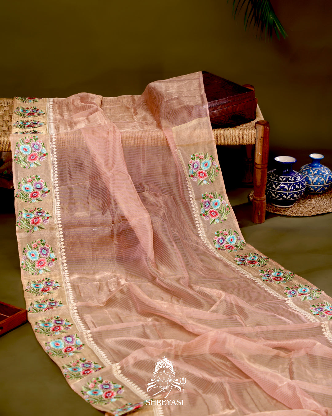 Handloom Banarasi Tissue Stripe Silk Saree with Satin Stitch Floral Embroidered Borders