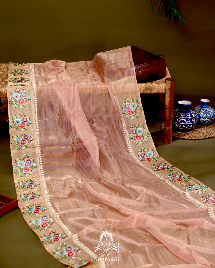 Handloom Banarasi Tissue Stripe Silk Saree with Satin Stitch Floral Embroidered Borders