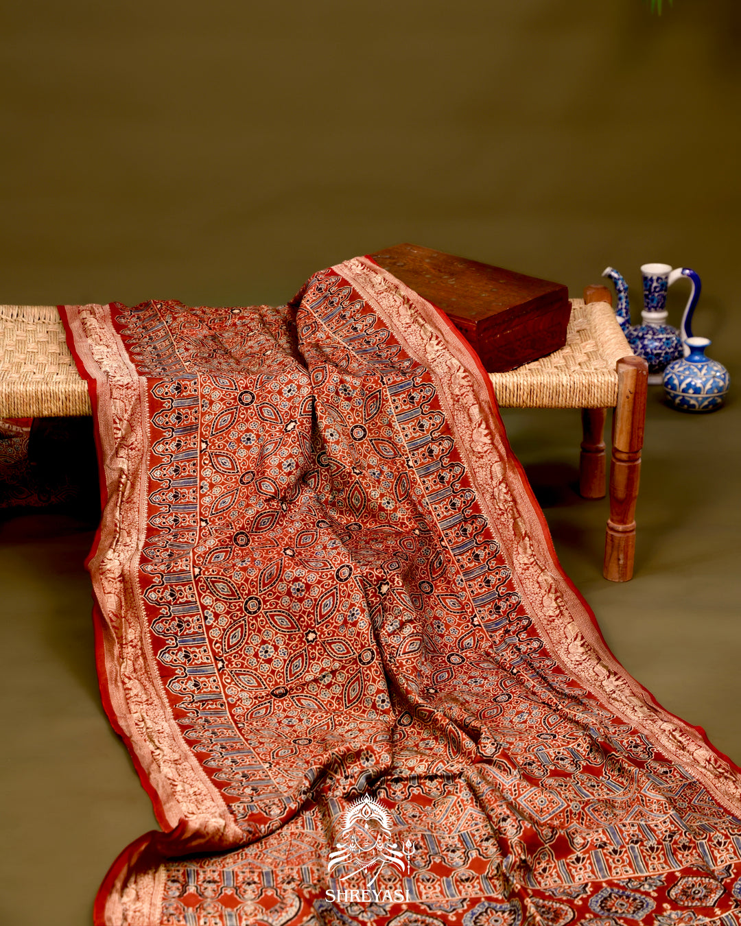 Hand Block Printed Ajrakh Dola Silk Saree with Zari Brocade Blouse