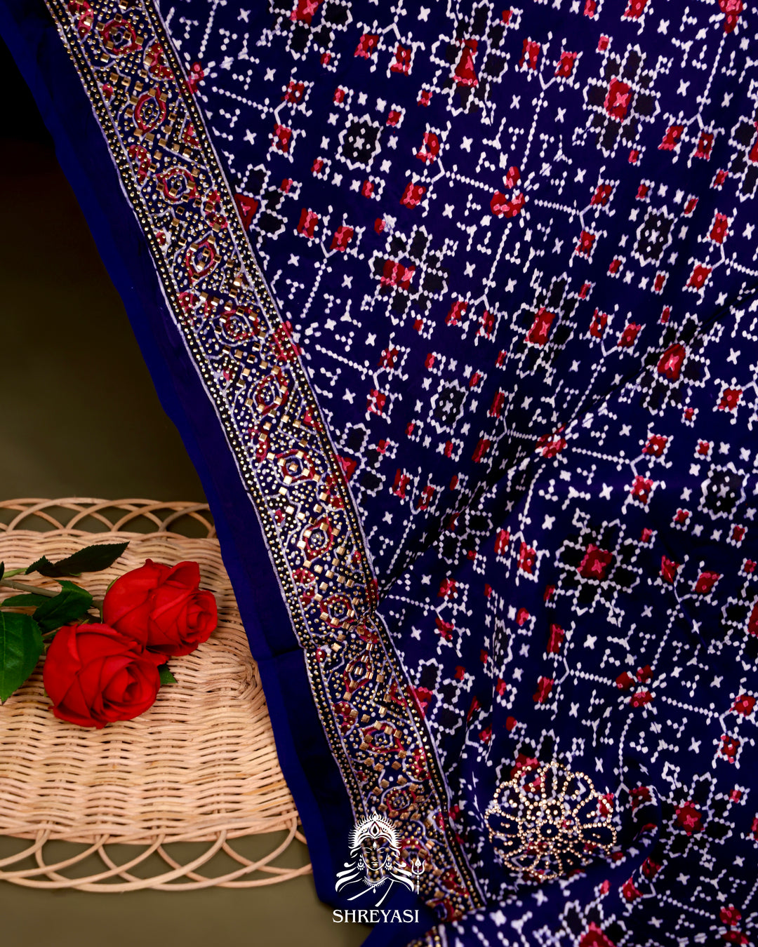 Pure Modal Silk Ajrakh Saree with Swarovski Crystal Embroidery