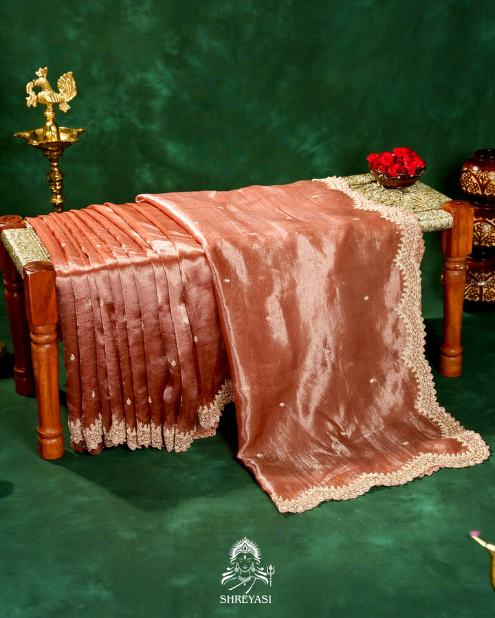 Handloom Pure Banarasi Tissue Silk Saree with Scallop Hand Embroidered Borders and Petit Point Embroidered Blouse