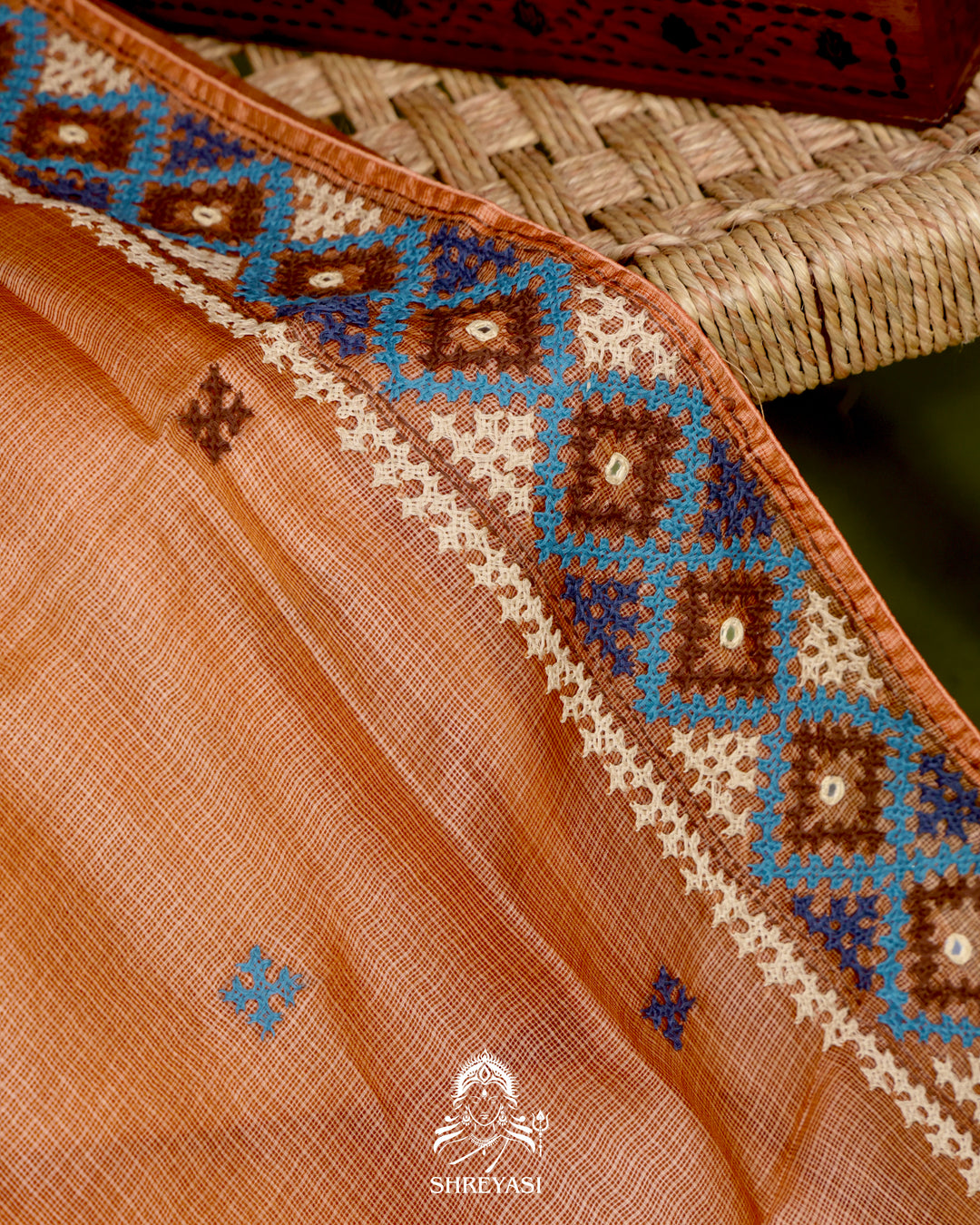 Handloom Pure Tussar Kota Saree with Kutch Hand Embroidery and Mirror Work
