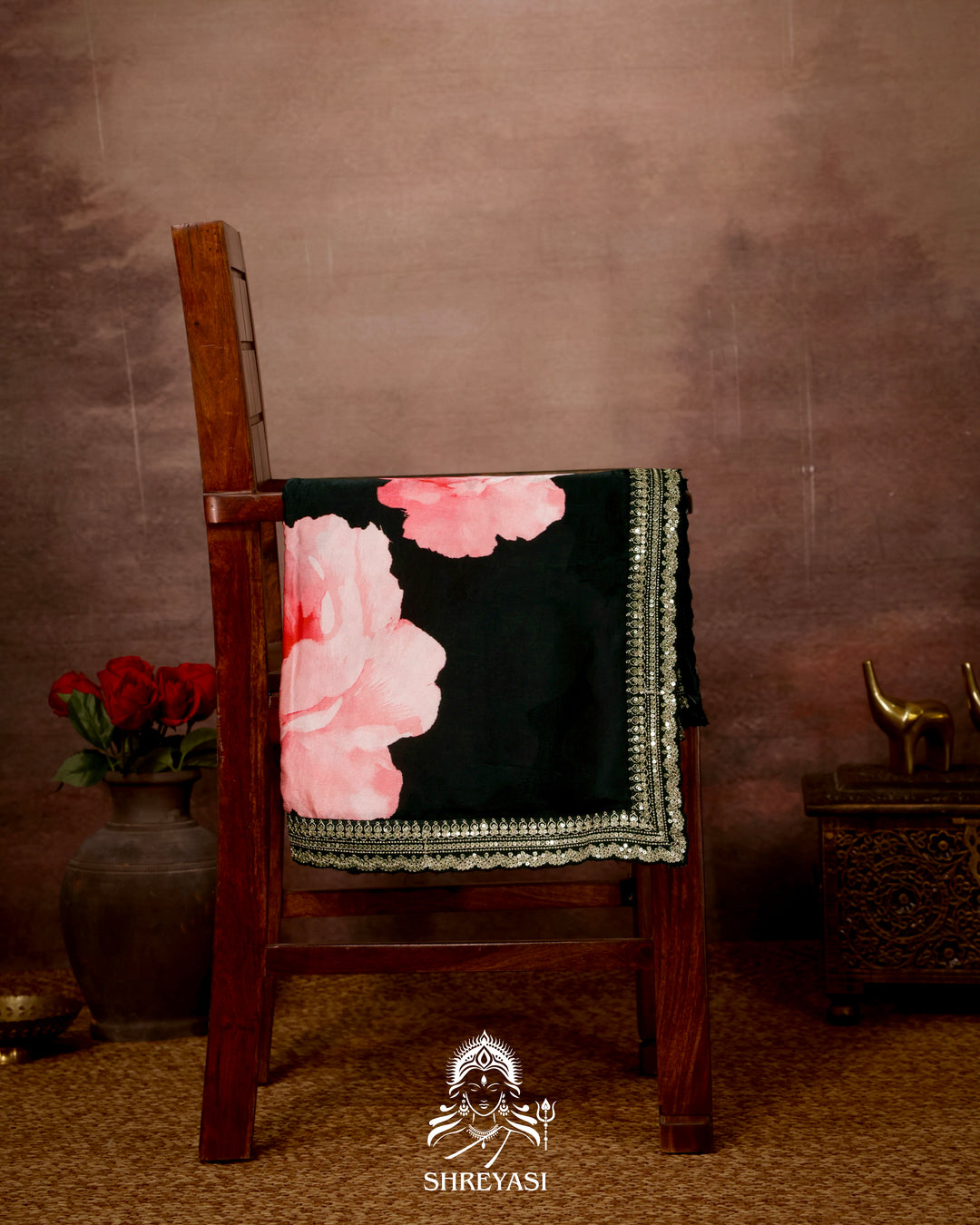 Black Chinon Satin Floral Saree with Embroidered Border