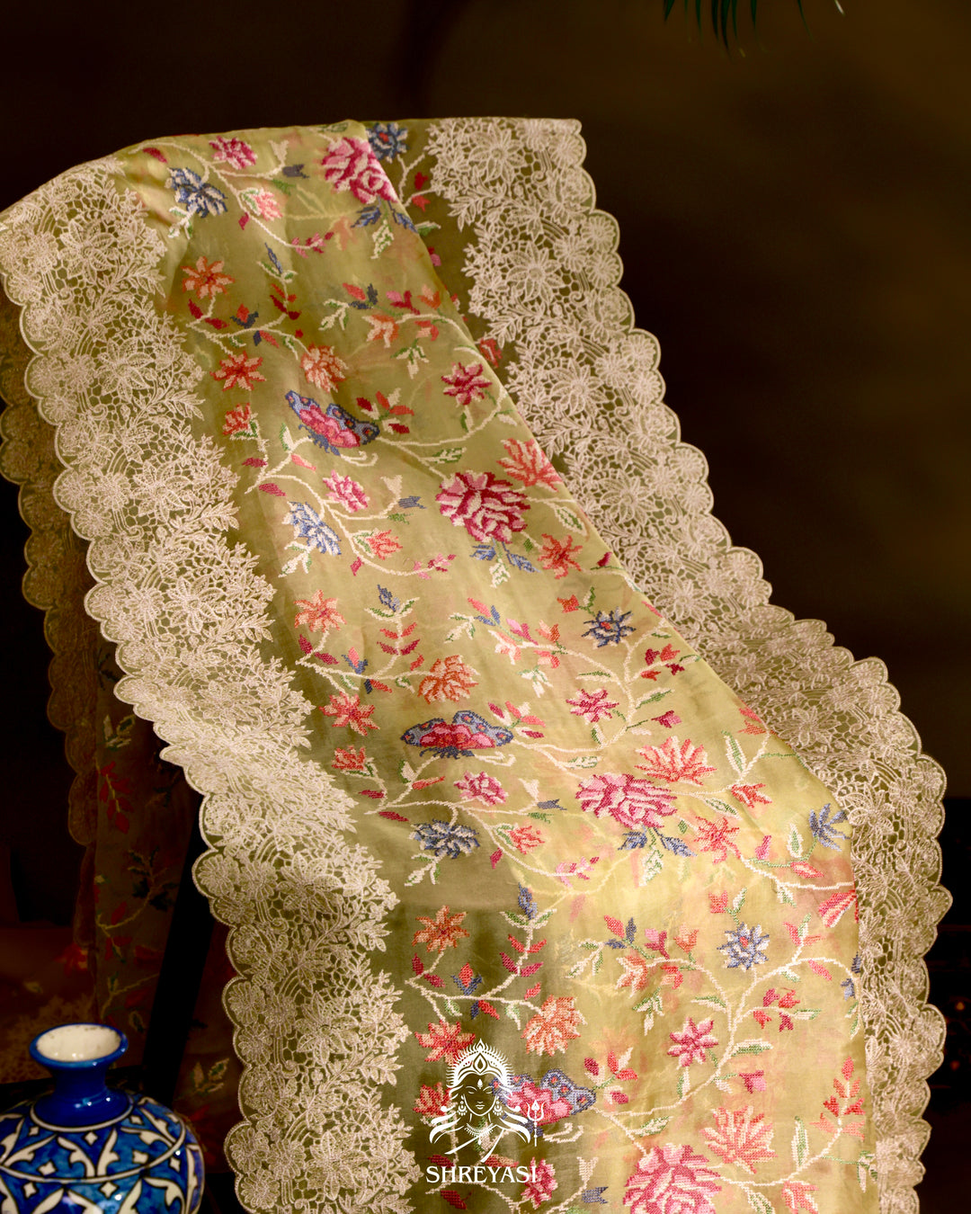 Organza Silk Saree with Petit Point Embroidery and Chantilly Lace Border