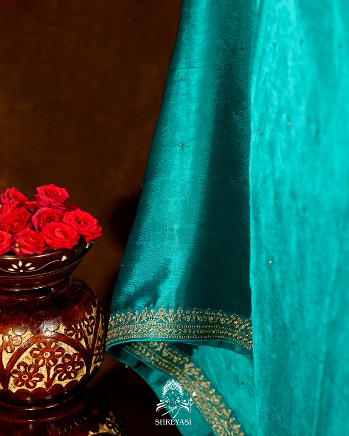 Pure Crepe Satin Saree with Embroidered Borders and Fully Embroidered Blouse