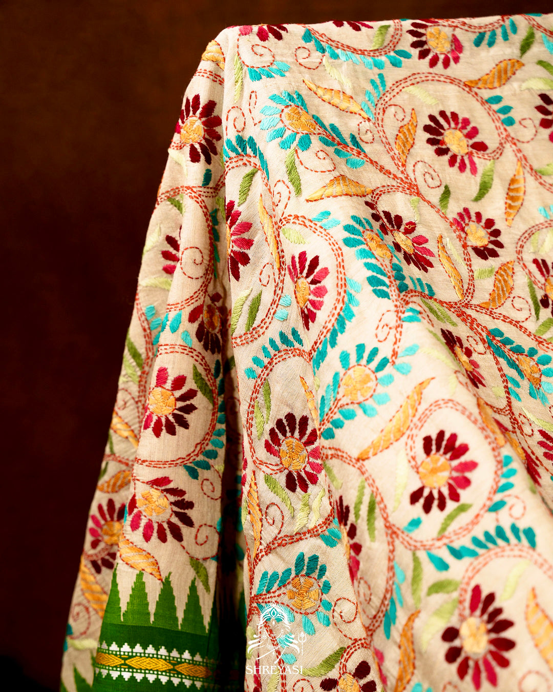 Handloom Pure Vidarbha Tussar Silk Saree with Karvati Kinar Border and Kantha Embroidery