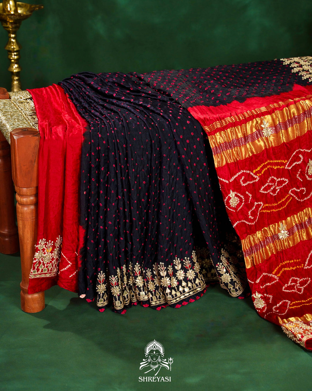 Handloom Pure Gaji Silk Saree with Hand-Knotted Bandhej, Gharchola Pallu & Heavy Gota Patti Embroidery