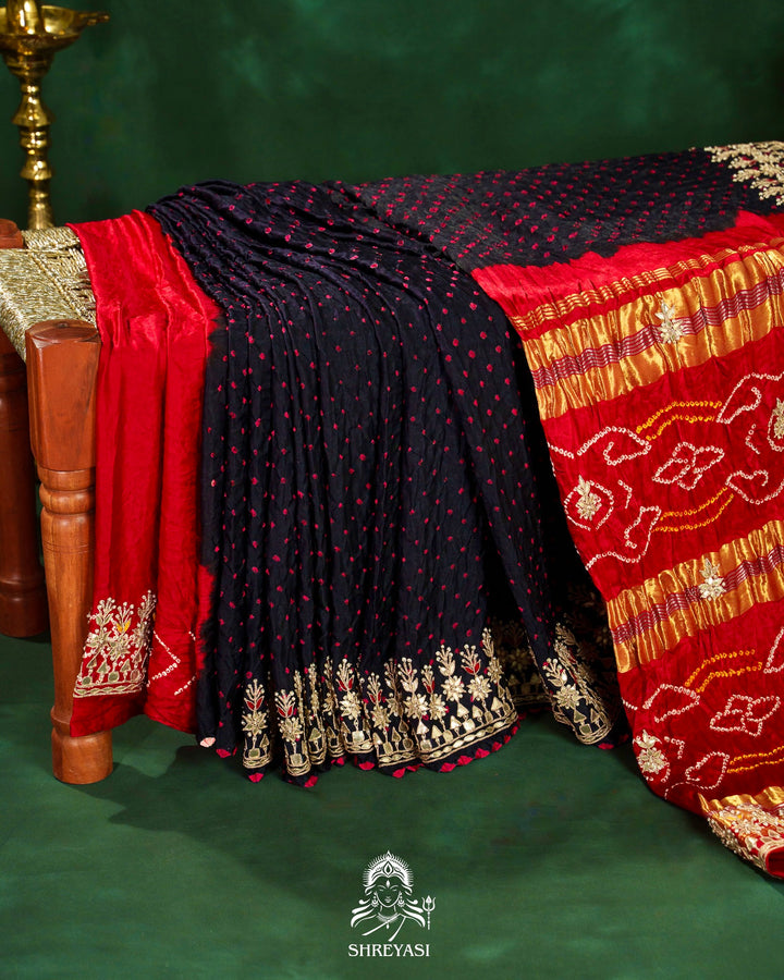 Handloom Pure Gaji Silk Saree with Hand-Knotted Bandhej, Gharchola Pallu & Heavy Gota Patti Embroidery