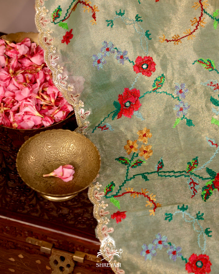 Organza Silk Saree with All-Over Petit Point Embroidery and Gotapatti Border