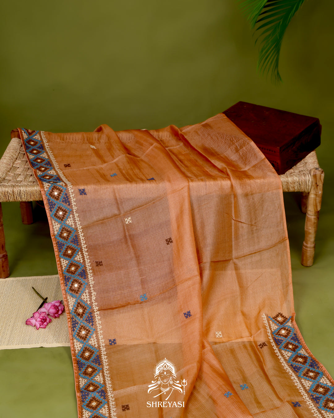Handloom Pure Tussar Kota Saree with Kutch Hand Embroidery and Mirror Work