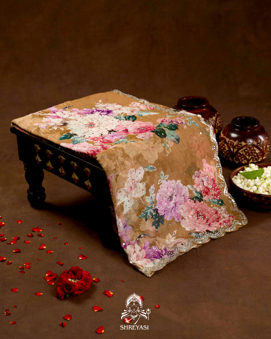 Hand Embellished Pure Georgette Floral Saree in Mocha Beige