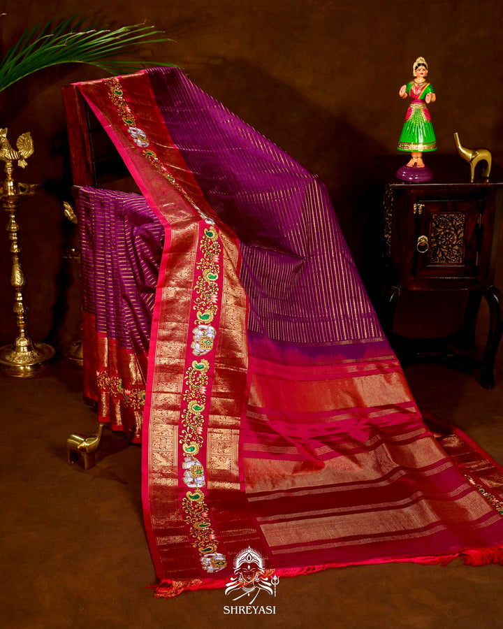 Handloom Pure Kanjivaram Silk Sarees with Real Zari and Hand Painted Tanjore Art
