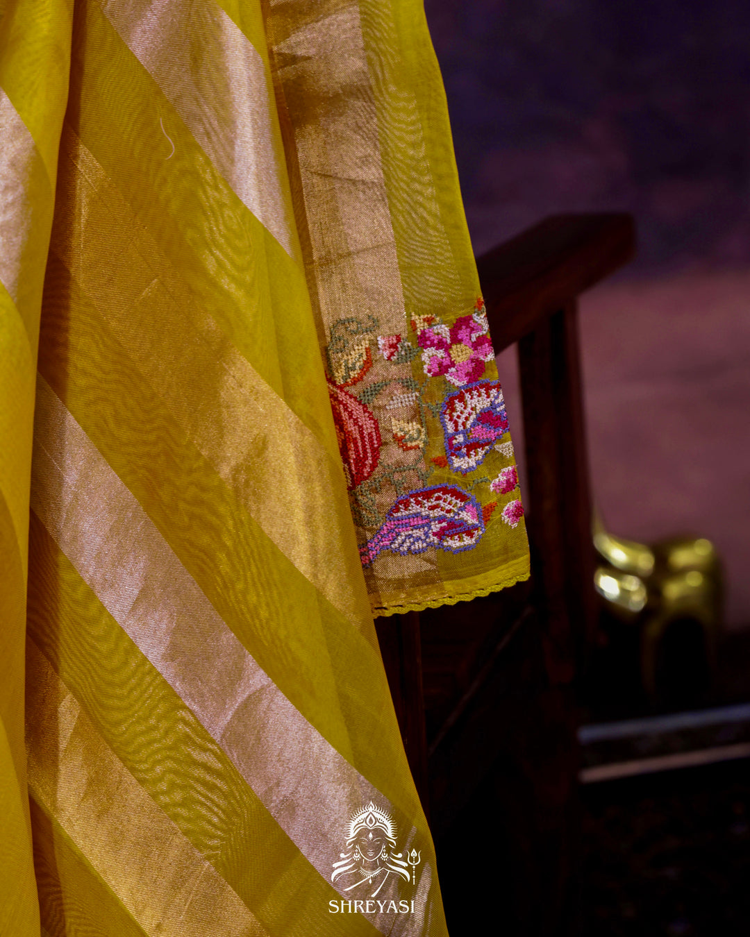 Pure Tissue Silk Saree with Zari Stripes and Petit Point Embroidered Borders