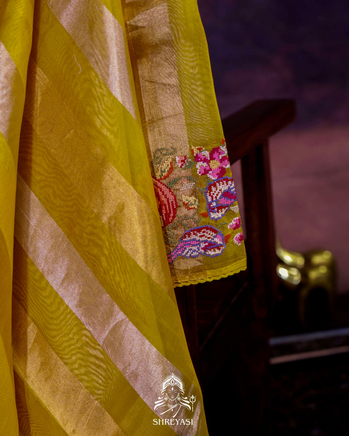 Pure Tissue Silk Saree with Zari Stripes and Petit Point Embroidered Borders