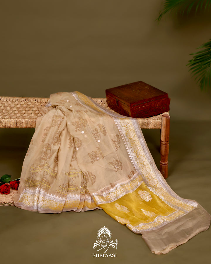 Banarasi Khaddi Chiffon Georgette Saree with Hand Block Motifs