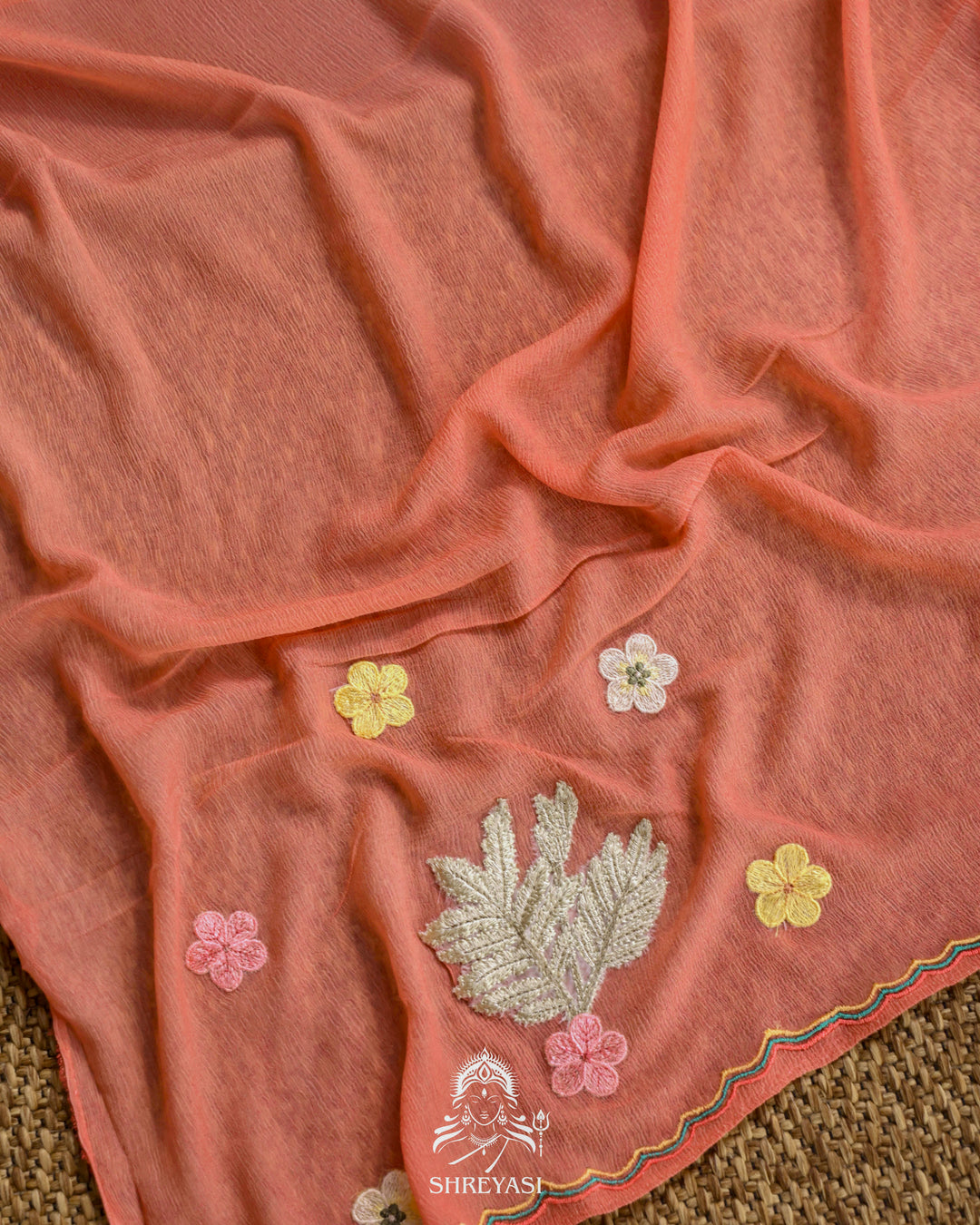 Handloom Pure Chiffon Saree with 3D Appliqué Embroidery