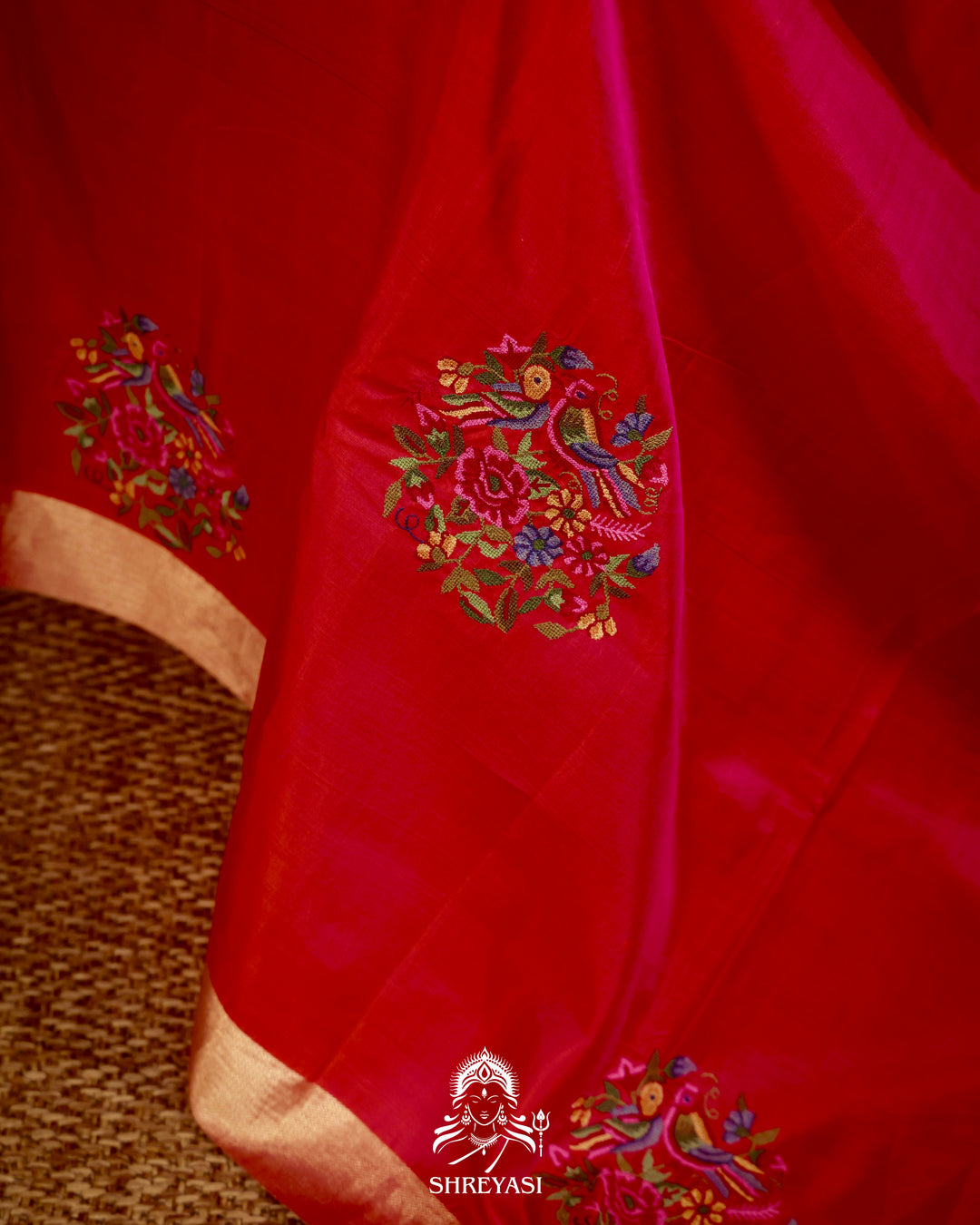 Handloom Pure Kanjivaram Soft Silk Saree with Petit Point Embroidered Floral Bird Clusters