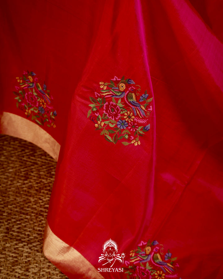 Handloom Pure Kanjivaram Soft Silk Saree with Petit Point Embroidered Floral Bird Clusters