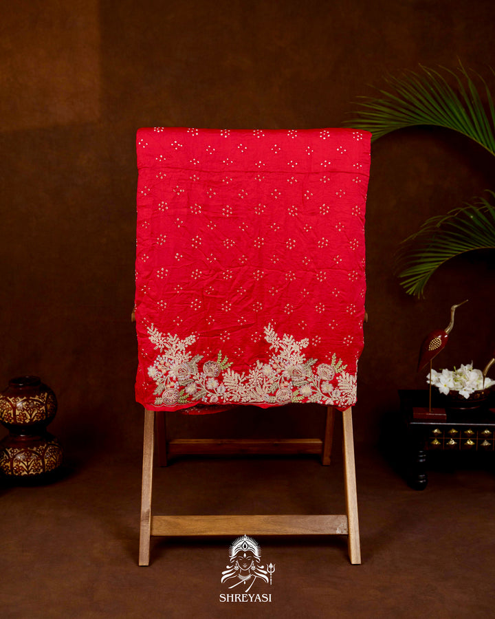 Handloom Pure Gaji Silk Bandhej Saree with Floral Embroidery in Scarlet Red