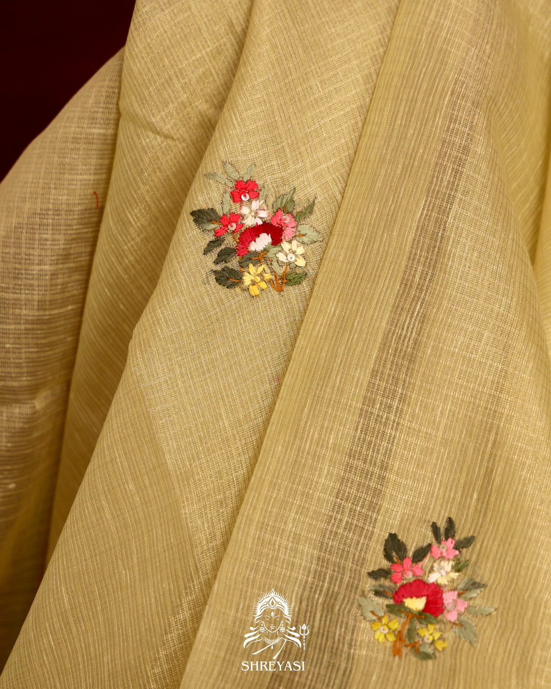 Tissue Linen Saree with Resham Floral Embroidery