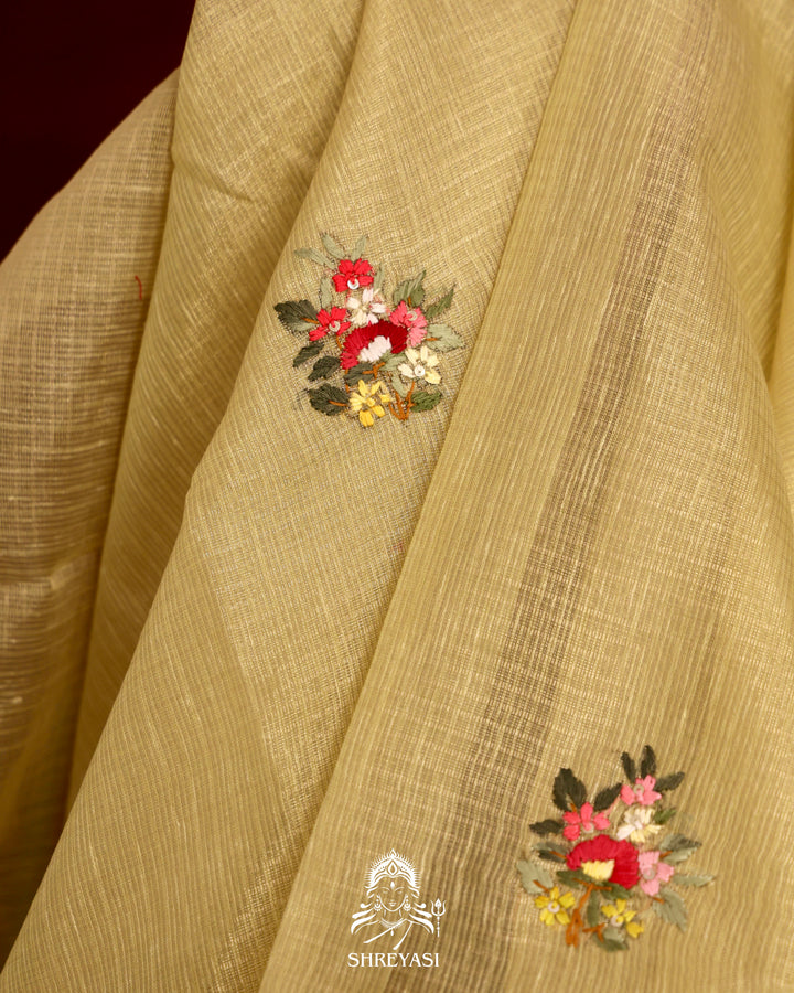 Tissue Linen Saree with Resham Floral Embroidery