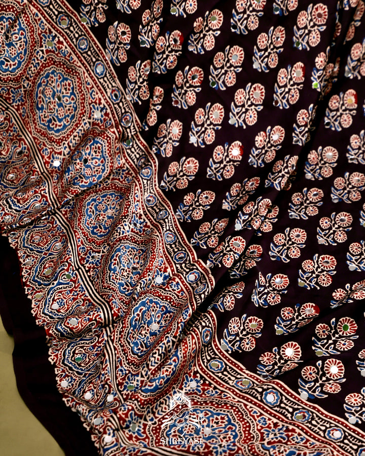 Ajrakh Hand Block Printed Pure Modal Silk Saree With Mirror Work
