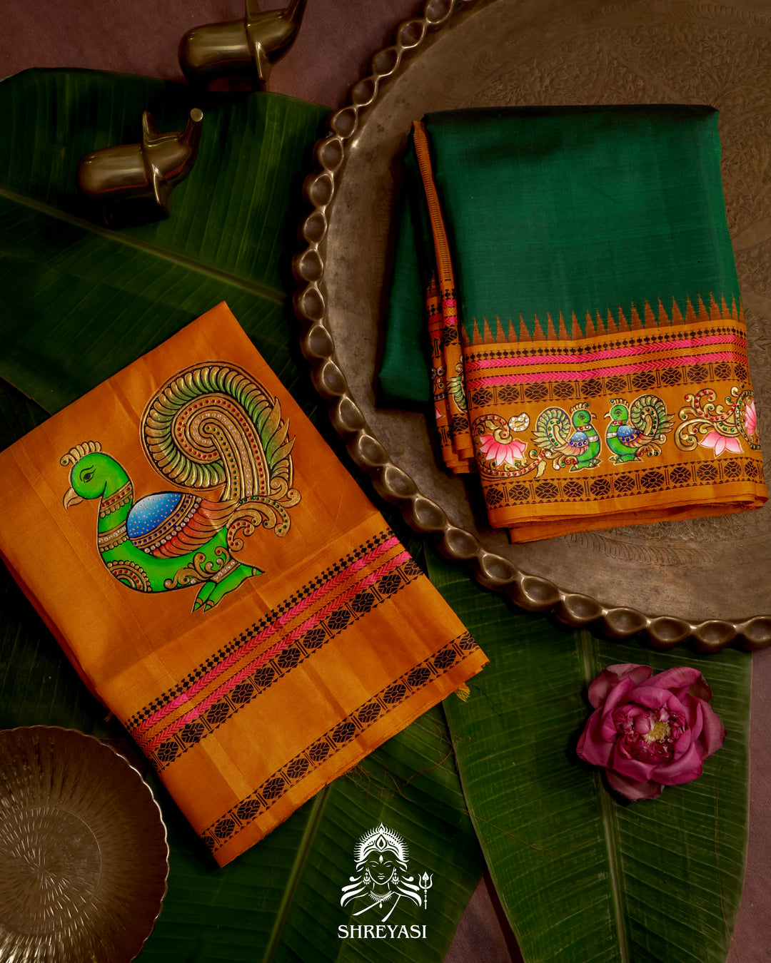 Handloom Pure Kanjivaram Silk Saree in Real Zari with Tanjore Mayil and Kamalam Artwork