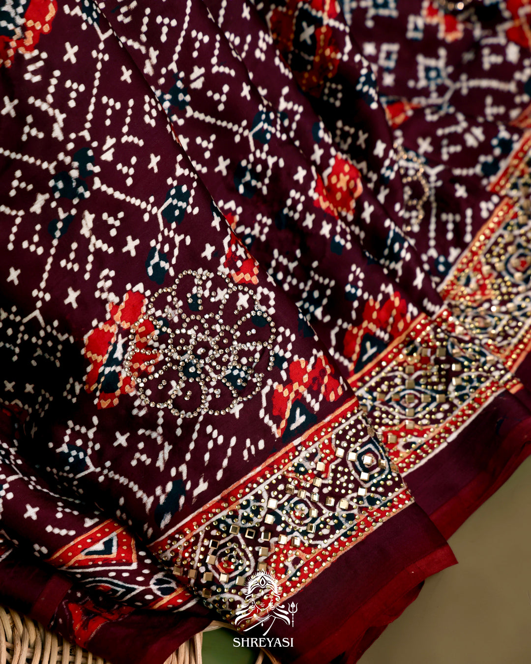 Pure Modal Silk Ajrakh Saree with Swarovski Crystal Embroidery