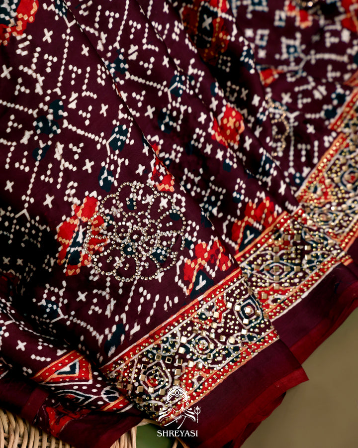 Pure Modal Silk Ajrakh Saree with Swarovski Crystal Embroidery