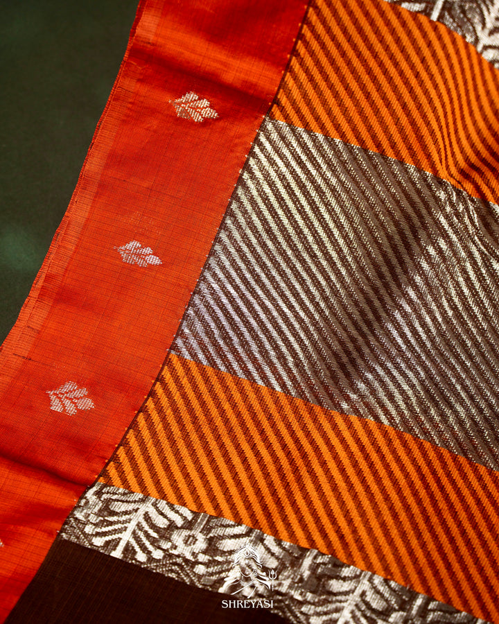 Chocolate Brown Handloom Pure Zari Kota Saree with Orange Contrast Blouse