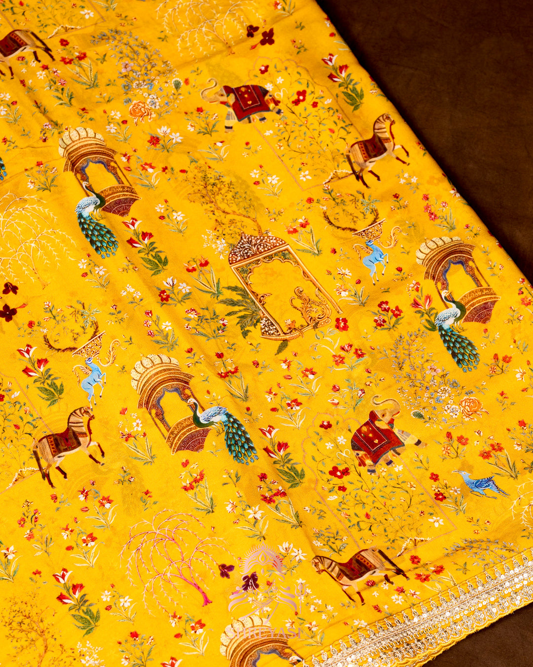 Mughal Garden Print Crepe Chinon Saree with Embroidered Border