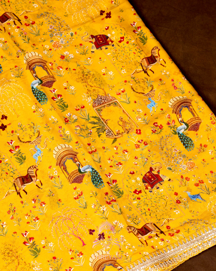 Mughal Garden Print Crepe Chinon Saree with Embroidered Border