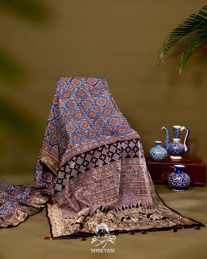Hand Block Printed Ajrakh Dola Silk Saree with Zari Brocade Blouse
