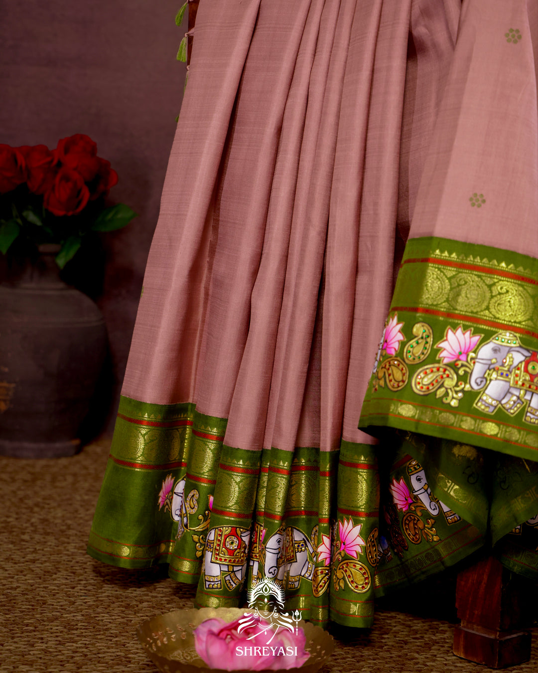 Handloom Pure Kanjivaram Silk Saree in Real Zari with Tanjore Yanai and Kamalam Artwork