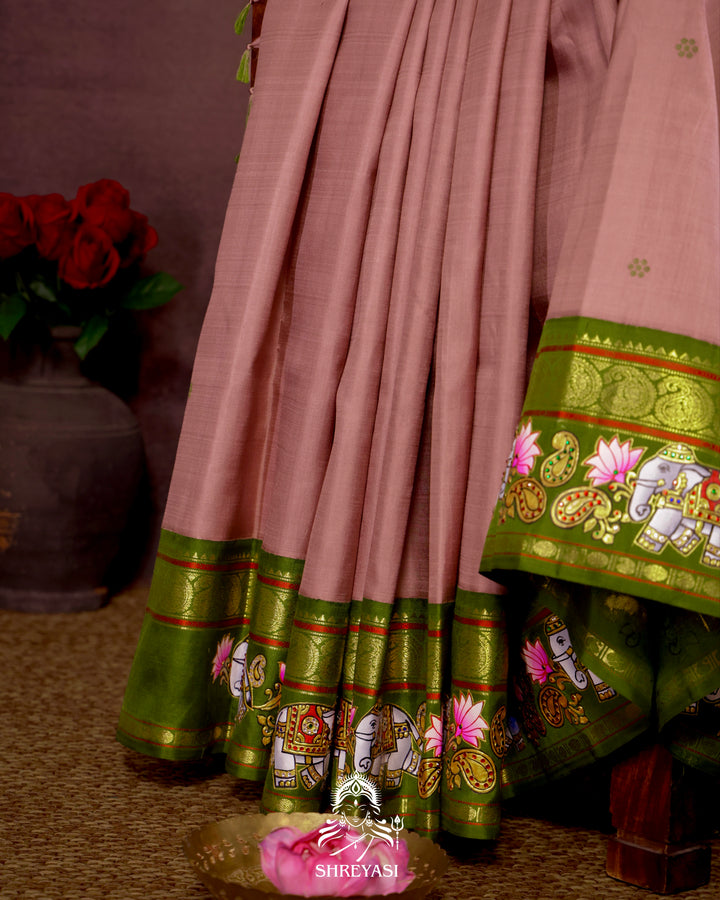 Handloom Pure Kanjivaram Silk Saree in Real Zari with Tanjore Yanai and Kamalam Artwork