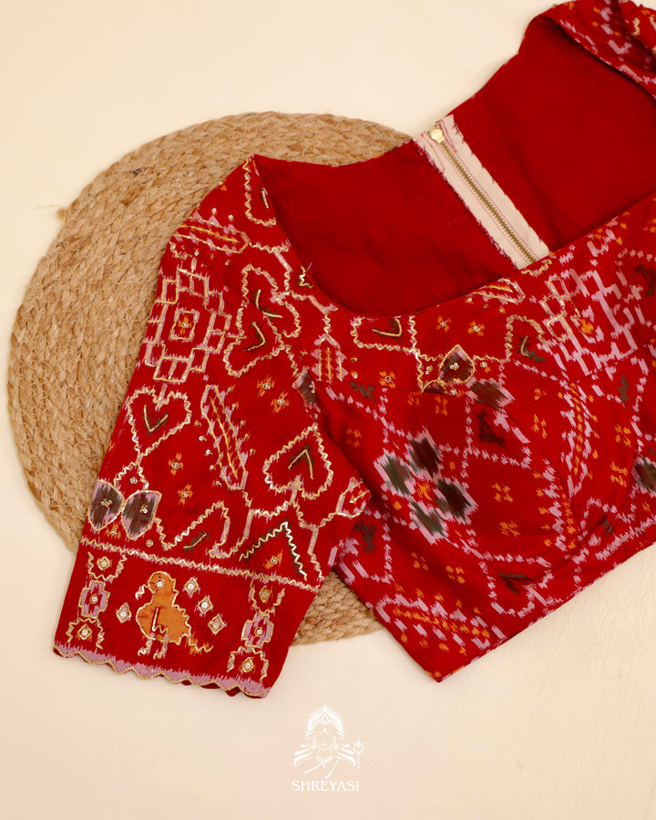 Rajkot Patola single ikat silk blouse with geometric motifs and pita embroidery