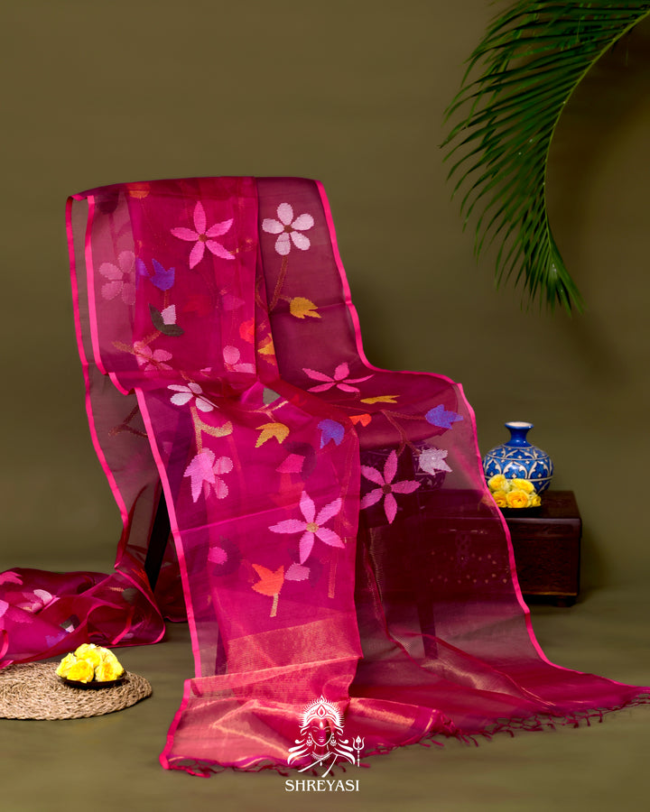 Handloom Pure Muslin Jamdani Saree in Full Jaal Needle Weaving