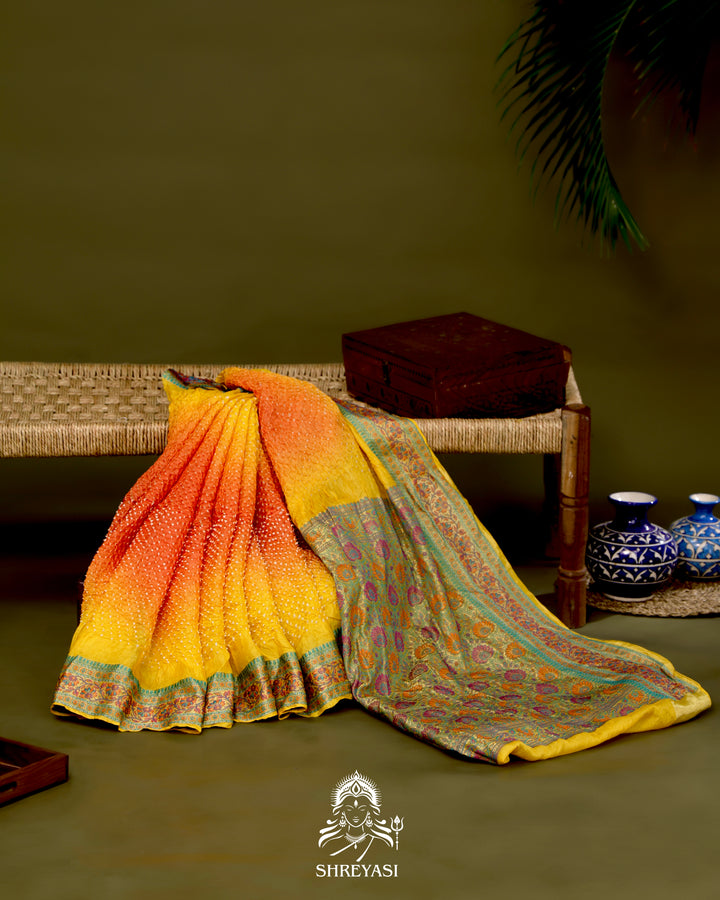 Hand Knotted Bandhej Tussar Silk Saree with Meenakari Weaving