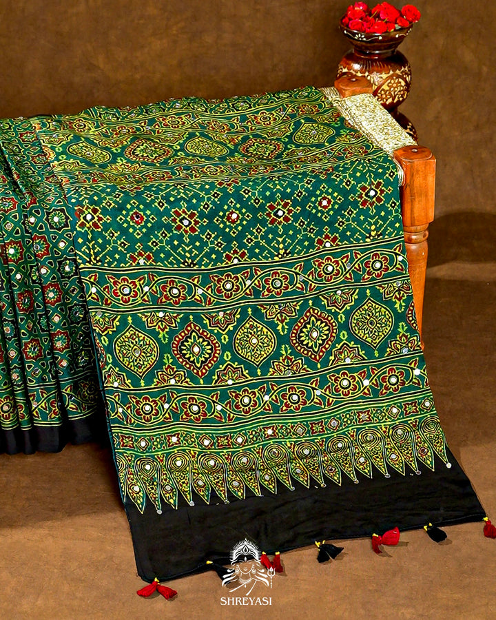 Mirror Work Pure Modal Silk Ajrakh Hand Block Printed Saree | Naturally Dyed Artisan Collection
