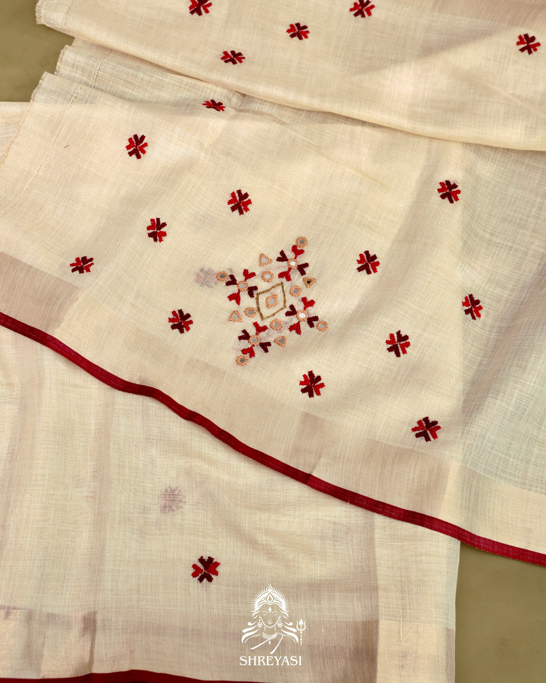Bengal Linen Tissue Saree with Kathiyawadi Mirror Embroidery