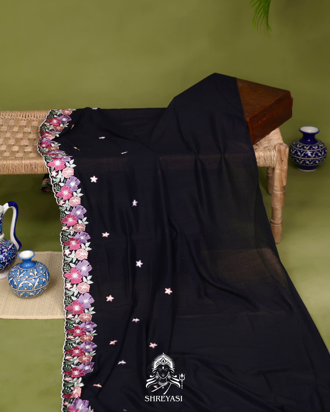 Tussar Silk Saree with Resham Floral Embroidery Border