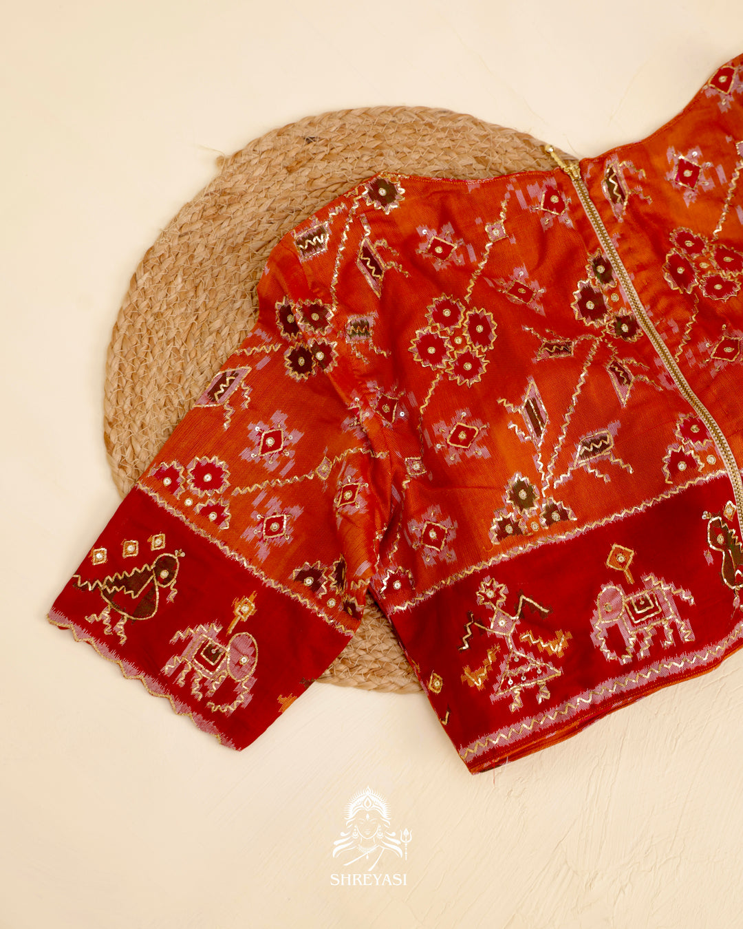 Rajkot Patola single ikat silk blouse with geometric motifs and pita embroidery