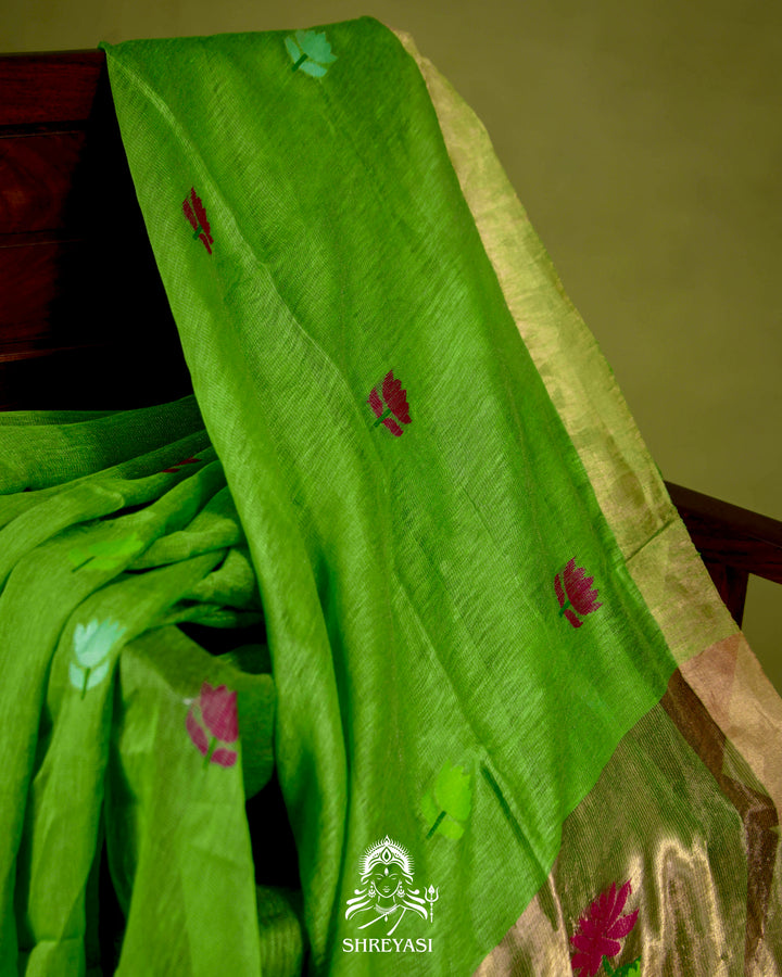 Handloom Silk Linen Jamdani Saree with Tissue Paithani Pallu