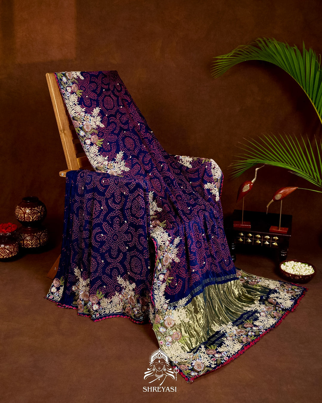 Handloom Pure Gaji Silk Bandhej Saree with Floral Embroidery
