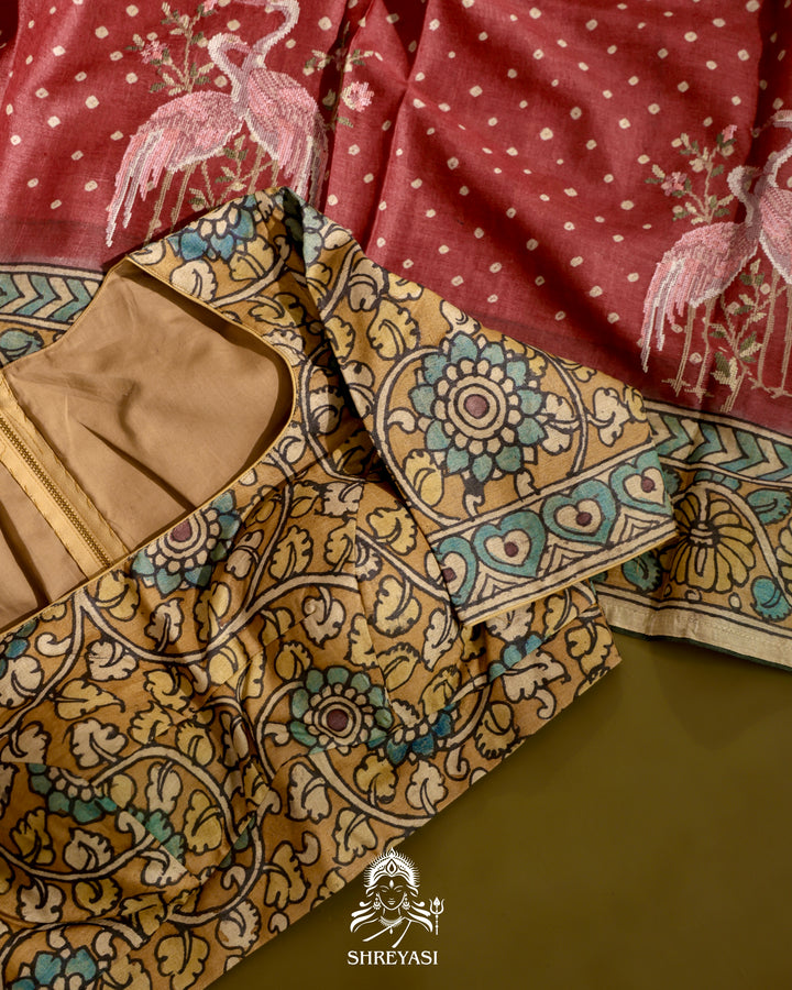 Tussar Silk Bandhej Saree with Pen Kalamkari and Petit Point Embroidery